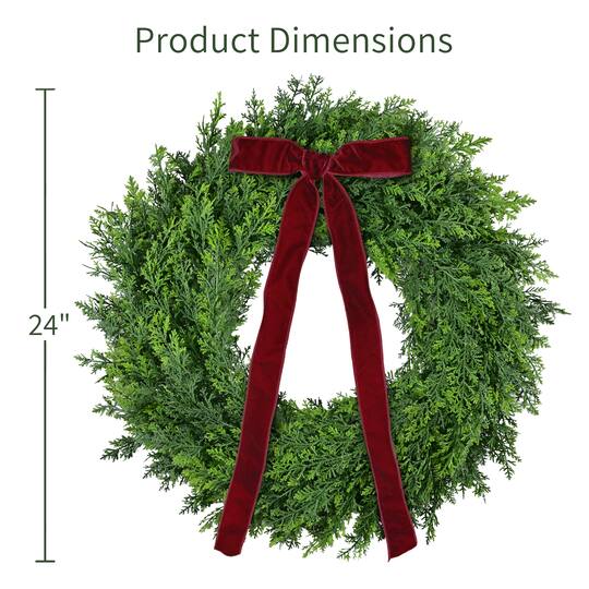 Puleo International 24" Unlit Green Polyethylene Spruce with Red Velvet Bow Artificial Wreath